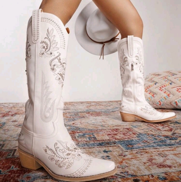 NEW WIDE CALF SPARKLY KNEE-HI RHINESTONE EMBROIDERY POINTED TOE PULL ON BOOTS 👢 - Picture 2 of 8
